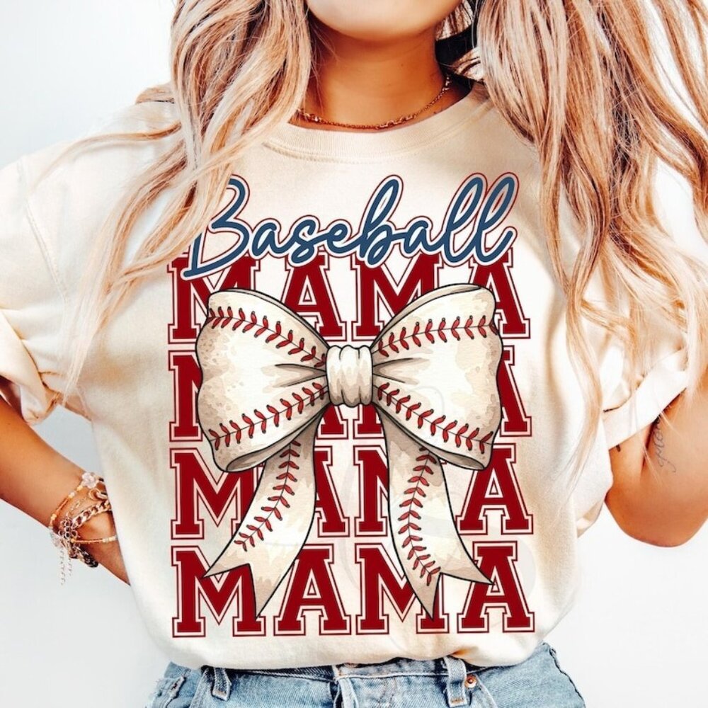 Baseball Mama White Shirt, Baseball Coquette Bow White Tee